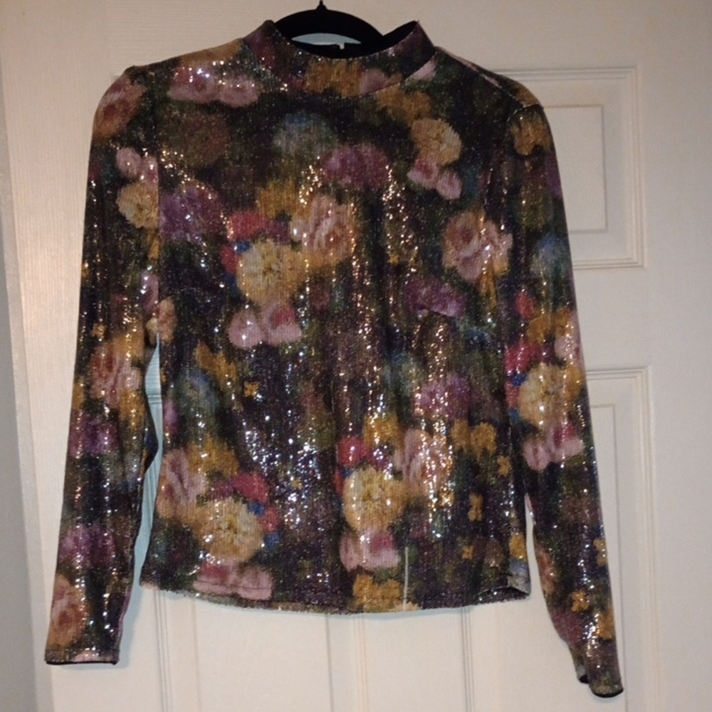 Nicole Miller Multicolor Sequin Floral Blouse